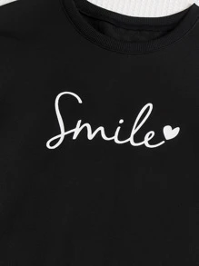 SHEIN EZwear Plus Letter & Floral Print Drop Shoulder Sweatshirt Dress - Black - View 5