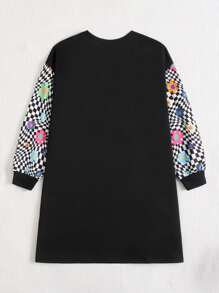 SHEIN EZwear Plus Letter & Floral Print Drop Shoulder Sweatshirt Dress - Black - View 2