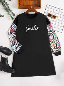 SHEIN EZwear Plus Letter & Floral Print Drop Shoulder Sweatshirt Dress - Black - View 1