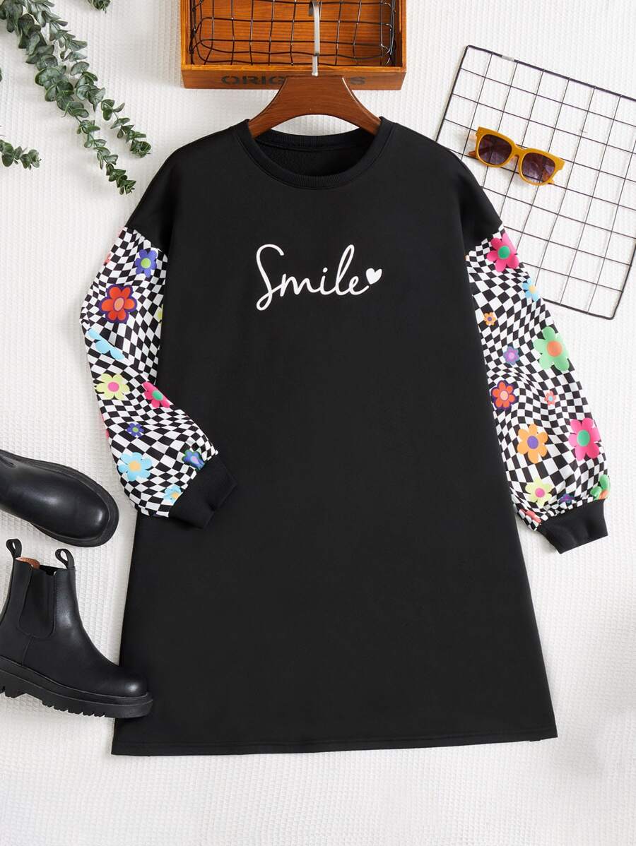 SHEIN EZwear Plus Letter & Floral Print Drop Shoulder Sweatshirt Dress - Black - View 1