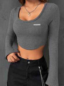 SHEIN EZwear 字母補丁細節短款T恤 - 灰色 - 查看 4