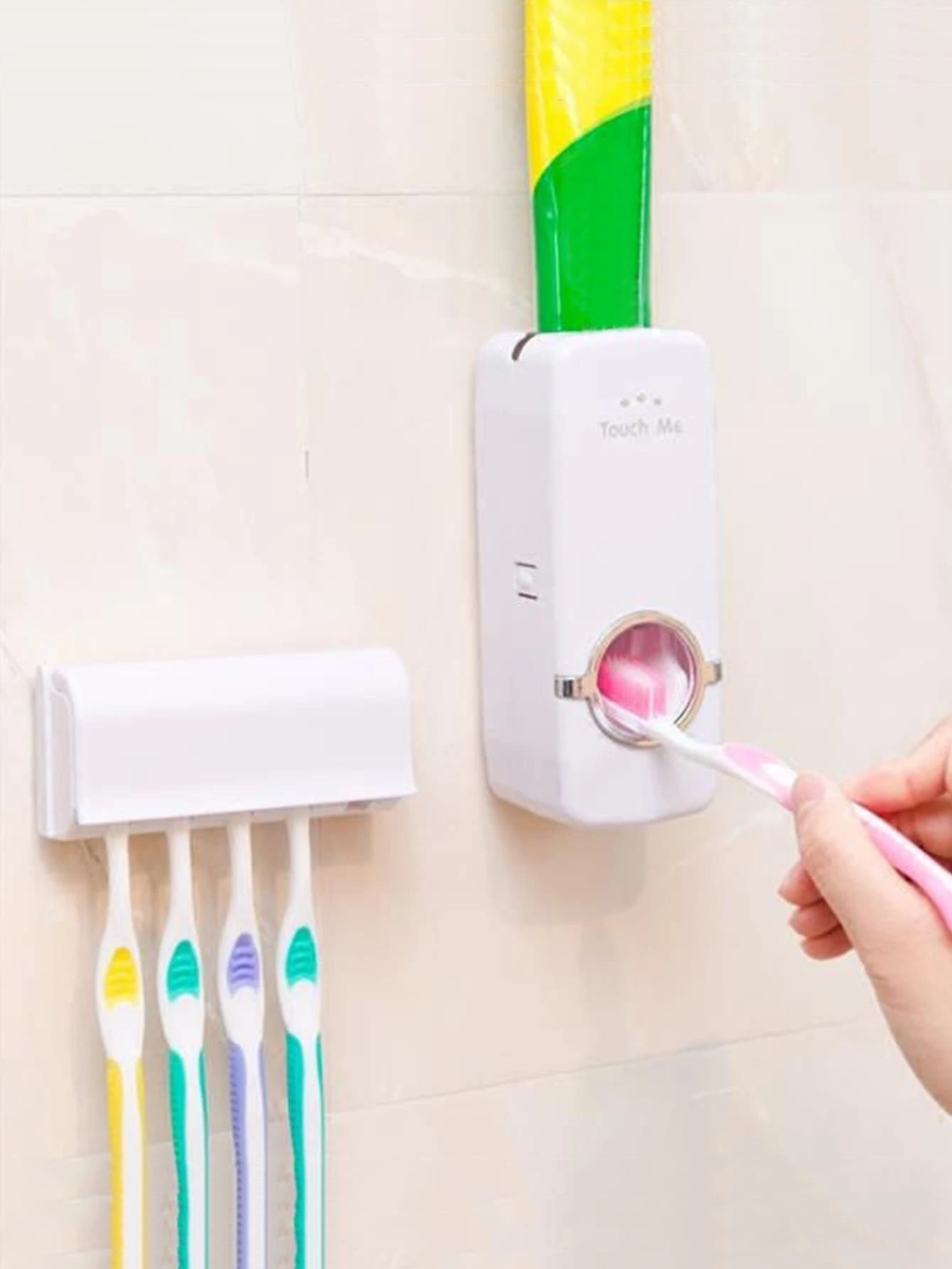 מחזיק מברשת שיניים 1 יחידה צמוד קיר ומסחטת משחת שיניים 1 יחידה - לבן - ראה 2