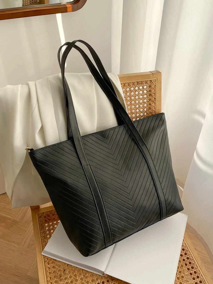 Túi Tote Dung Tích Lớn Tối Giản Màu Trơn Túi Đeo Vai Đơn Giản Thời Trang Cho Nữ Túi Xách Hobo Túi Tote Chevron Tối Giản, Túi Tote Thời Trang Lớn, Ý Tưởng Truyền Cảm Hứng Mùa Thu Tuyệt Vời Nhất - màu đen - Xem 1