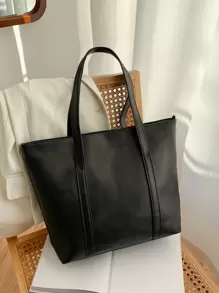 Túi Tote Dung Tích Lớn Tối Giản Màu Trơn Túi Đeo Vai Đơn Giản Thời Trang Cho Nữ Túi Xách Hobo Túi Tote Chevron Tối Giản, Túi Tote Thời Trang Lớn, Ý Tưởng Truyền Cảm Hứng Mùa Thu Tuyệt Vời Nhất - màu đen - Xem 2