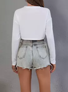 INAWLY Drop Shoulder Crop Tee Fall Cloth For Women - White - View 2