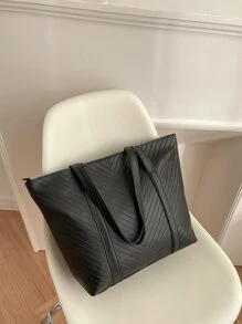 Túi Tote Dung Tích Lớn Tối Giản Màu Trơn Túi Đeo Vai Đơn Giản Thời Trang Cho Nữ Túi Xách Hobo Túi Tote Chevron Tối Giản, Túi Tote Thời Trang Lớn, Ý Tưởng Truyền Cảm Hứng Mùa Thu Tuyệt Vời Nhất - màu đen - Xem 4