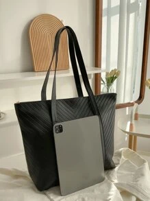 Túi Tote Dung Tích Lớn Tối Giản Màu Trơn Túi Đeo Vai Đơn Giản Thời Trang Cho Nữ Túi Xách Hobo Túi Tote Chevron Tối Giản, Túi Tote Thời Trang Lớn, Ý Tưởng Truyền Cảm Hứng Mùa Thu Tuyệt Vời Nhất - màu đen - Xem 5
