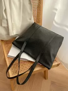 Túi Tote Dung Tích Lớn Tối Giản Màu Trơn Túi Đeo Vai Đơn Giản Thời Trang Cho Nữ Túi Xách Hobo Túi Tote Chevron Tối Giản, Túi Tote Thời Trang Lớn, Ý Tưởng Truyền Cảm Hứng Mùa Thu Tuyệt Vời Nhất - màu đen - Xem 7
