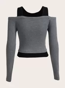 SHEIN ICON 兩色冷肩2合1春季t恤 - 灰色 - 查看 2