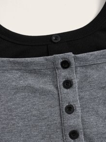 SHEIN ICON 兩色冷肩2合1春季t恤 - 灰色 - 查看 3