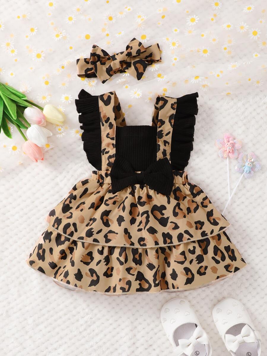 嬰兒豹紋印花荷葉邊前蝴蝶結背帶裙附髮帶 - 彩色 - 查看 1