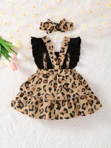 嬰兒豹紋印花荷葉邊前蝴蝶結背帶裙附髮帶 - 彩色 - 查看 2