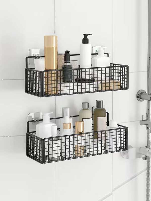 1pc Wall Mounted Bathroom Storage Rack, Black Iron Punch Free Storage Rack, Storage Organizer