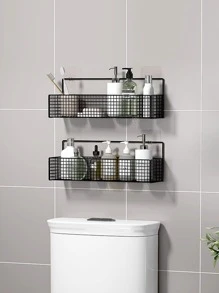 1 pieza estante de almacenamiento para baño montado en la pared, estante de almacenamiento sin perforaciones de hierro negro, organizador de almacenamiento para baño y cocina - Negro - Ver 4