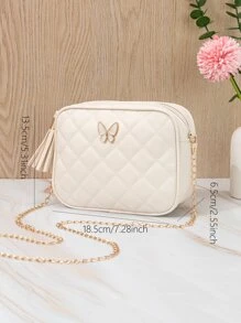 迷你流蘇裝飾衍縫鏈條斜挎包鏈條肩帶錢包帶蝴蝶和流蘇裝飾 - 米色 - 查看 3