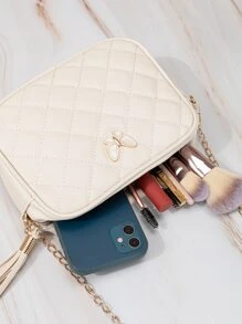 迷你流蘇裝飾衍縫鏈條斜挎包鏈條肩帶錢包帶蝴蝶和流蘇裝飾 - 米色 - 查看 5