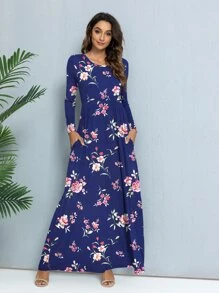 DEARCASE Floral Print Hidden Pocket Dress - Blue - View 1