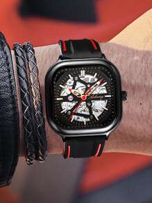 AlLANG 男士骷髏方形機械手表 - 黑色 - 查看 3