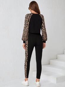 SHEIN LUNE Leopard Print Raglan Sleeve Tee & Leggings - Black - View 2