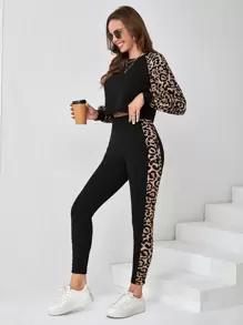 SHEIN LUNE Leopard Print Raglan Sleeve Tee & Leggings - Black - View 3