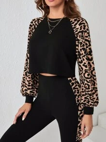 SHEIN LUNE Leopard Print Raglan Sleeve Tee & Leggings - Black - View 4