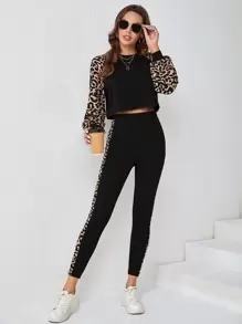SHEIN LUNE Leopard Print Raglan Sleeve Tee & Leggings - Black - View 5