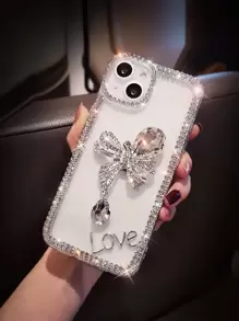 Rhinestone Bowknot Decor Clear Phone Case, Rhinestone Phone Case Compatible With iPhone15/15Plus/15Pro/15Promax - Clear - View 1