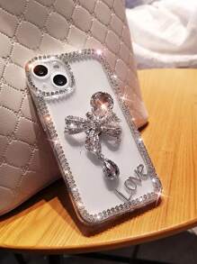 Rhinestone Bowknot Decor Clear Phone Case, Rhinestone Phone Case Compatible With iPhone15/15Plus/15Pro/15Promax - Clear - View 3