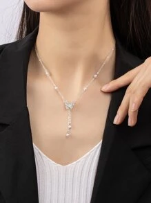 Rhinestone Butterfly & Faux Pearl Decor Necklace - Silver - View 1