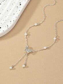 Rhinestone Butterfly & Faux Pearl Decor Necklace - Silver - View 2