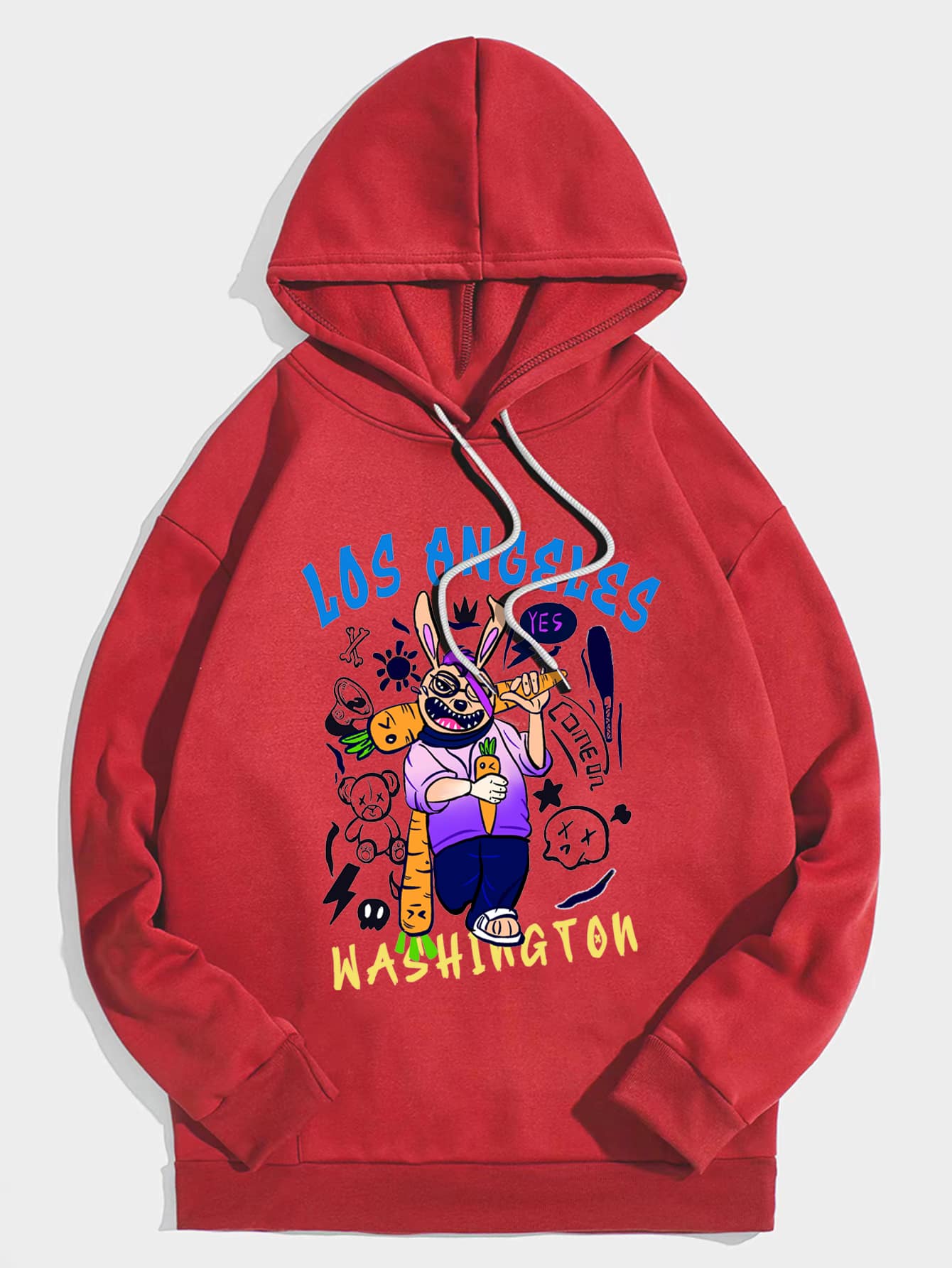 ROMWE MEN Guys Letter Cartoon Graphic Drawstring Thermal Hoodie - Red - View 1