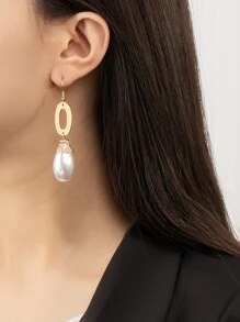 Oval & Faux Pearl Decor Drop Earrings - Multicolor - View 1