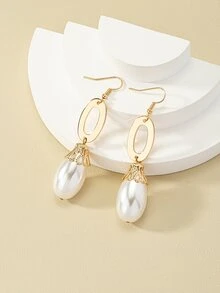 Oval & Faux Pearl Decor Drop Earrings - Multicolor - View 3