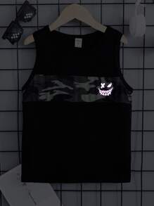 Boys Reflective Cartoon Face Camo Print Tank Top - Black - View 1