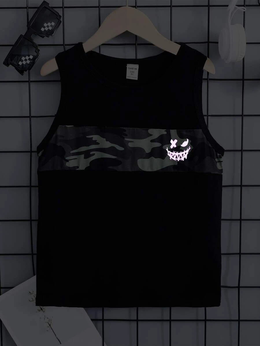 Boys Reflective Cartoon Face Camo Print Tank Top - Black - View 1