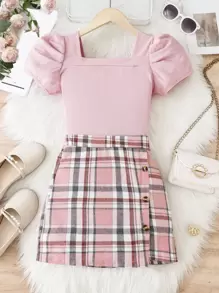 SHEIN Tween Girl Square Neck Puff Sleeve Tee & Plaid Print Button Front Skirt, Filipiniana Terno