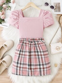SHEIN Tween Girl Square Neck Puff Sleeve Tee & Plaid Print Button Front Skirt, Filipiniana Terno