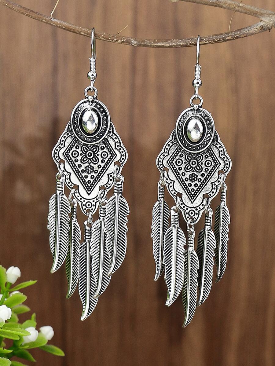 Ohrringe mit Feder, & geometrischem Dekor