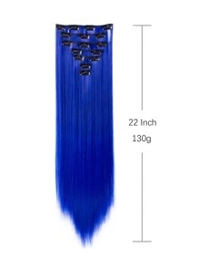 7pcs/Set Long Straight Hair Extension High Tempreture 22inch Synthetic Hairpiece Clip In Synthetic Hair Extensions For Women (Blue) - Blue - View 5
