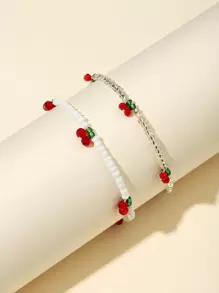 2pcs Cherry Decor Beaded Bracelet - Multicolor - View 1