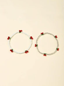 2pcs Cherry Decor Beaded Bracelet - Multicolor - View 2