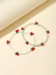 2pcs Cherry Decor Beaded Bracelet - Multicolor - View 3