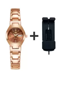 1pc Rhinestone Decor Round Pointer Quartz Watch & 1pc Bracelet - Rose Gold - View 3