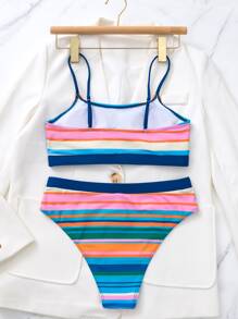 Striped High Waisted Summer Beach Bikini Set - Multicolor - View 4