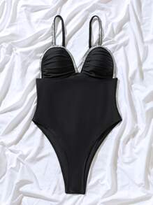Ruched Push Up One Piece Swimsuit - Black - View 5