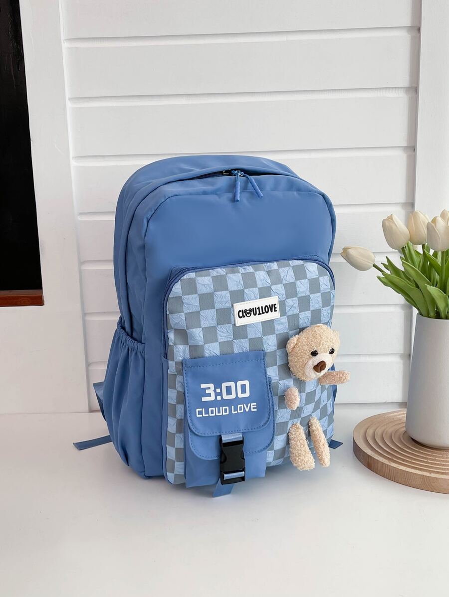 Checkered Pattern Cartoon Bear Decor Functional Backpack School Bag For Graduate, Teen Girls, Freshman, Sophomore, Junior & Senior In College, University & High School, Perfect For Outdoors ,Travel & Back To School - Blue - View 1