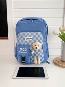 Checkered Pattern Cartoon Bear Decor Functional Backpack School Bag For Graduate, Teen Girls, Freshman, Sophomore, Junior & Senior In College, University & High School, Perfect For Outdoors ,Travel & Back To School - Blue - View 4
