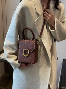 Premium Summer Box-Shaped Women's Handbag, New Versatile Fashion Shoulder Crossbody Bag (Accessories Not Included), Mother-Child Bag Combination, Fashionable & Retro Style, Cow Leather Texture, PU, Old Money Style, Solid Color, Lightweight & Portable, Metal Decor, Adjustable Shoulder Strap, Suitable For Business, Commuting, Holidays & Vacations - Coffee Brown - View 3