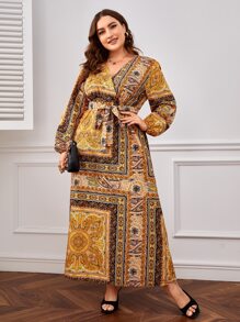 SHEIN Privé Plus Scarf Print Lantern Sleeve Belted Dress - Multicolor - View 1