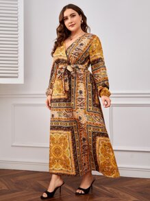 SHEIN Privé Plus Scarf Print Lantern Sleeve Belted Dress - Multicolor - View 4